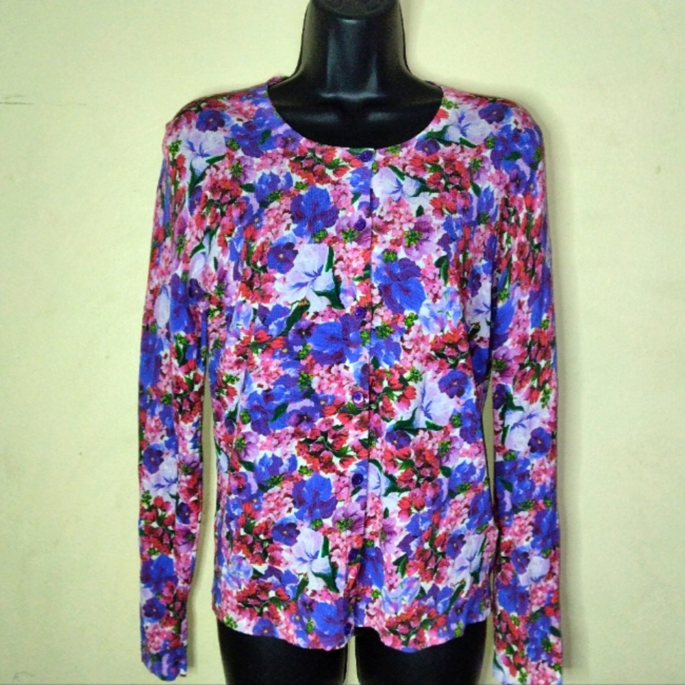 Escada Floral Print Long sleeve Cardigan Sweater Size M
